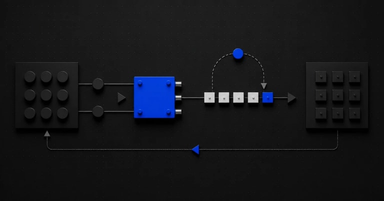 Two black systems exchange white data modules through a blue gateway with retry and reconciliation paths